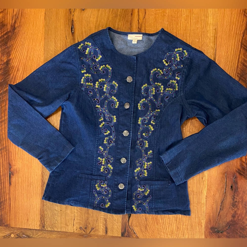 Choices Stretch Blue Denim Button Front Jacket, Fun Embroidery & Buttons, Sz Sml